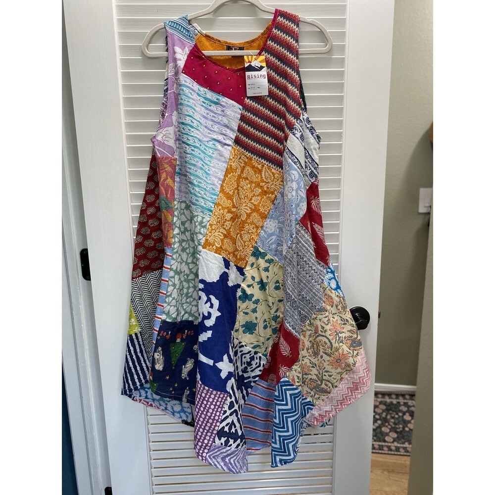Rising International Womens One Size Patchwork Cotton Sleeveless Sun Dress NWT
